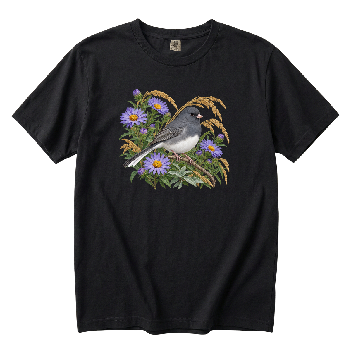 In Quiet Company junco tee in Black, a woodland junco with golden grasses and asters