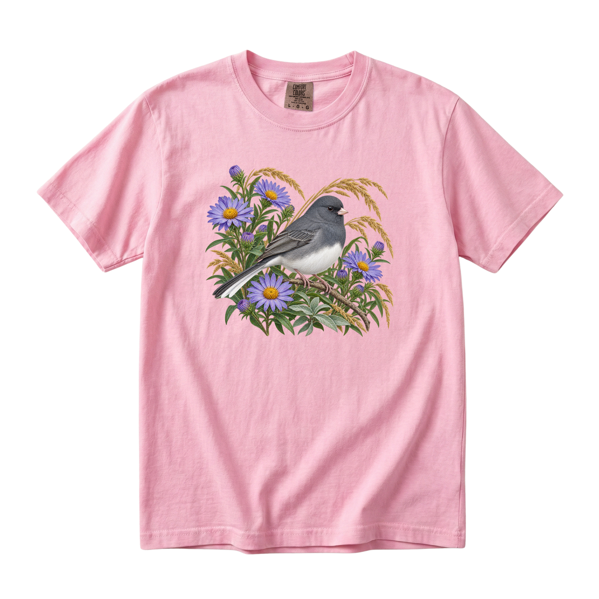 In Quiet Company junco tee in Blossom, a snowbird junco among asters on soft pink