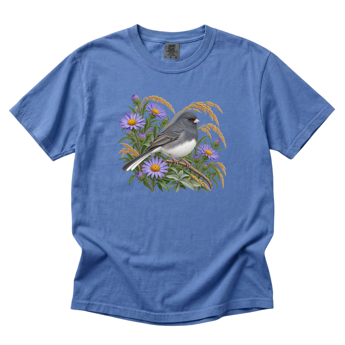 In Quiet Company junco tee in Flo Blue, a dark-eyed junco with purple aster blooms