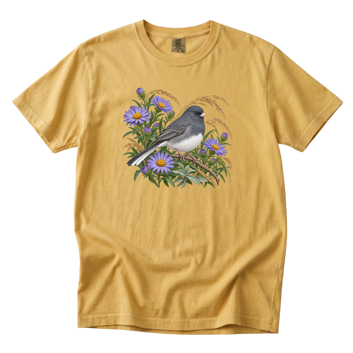 In Quiet Company junco tee in Mustard, a woodland junco with asters and grasses on golden yellow