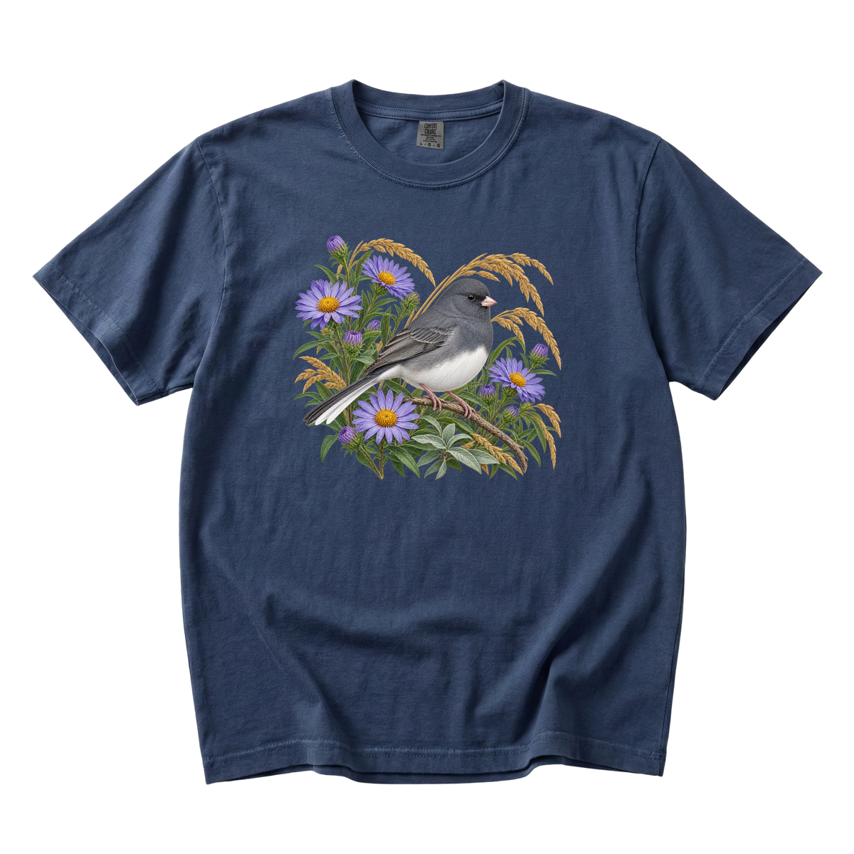 In Quiet Company junco tee in Navy, a dark-eyed junco and purple asters on deep blue