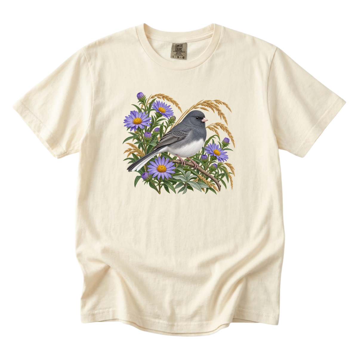 In Quiet Company junco tee in Ivory, a dark-eyed junco among purple asters and golden grasses