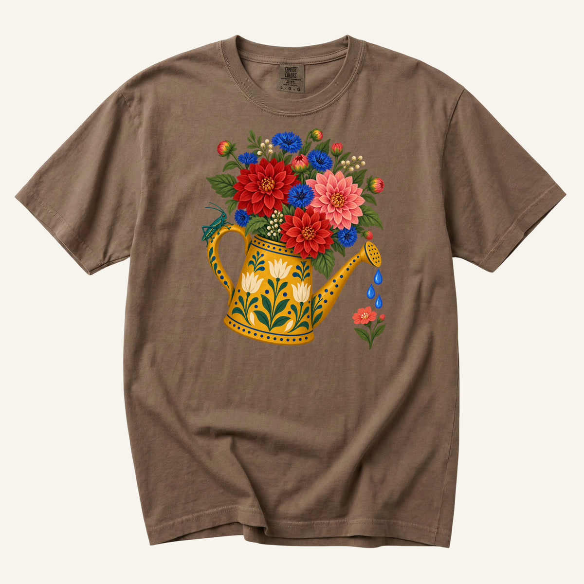 It Started With One Pot T-Shirt in Espresso — a warm earthy brown complementing the golden can and red blooms