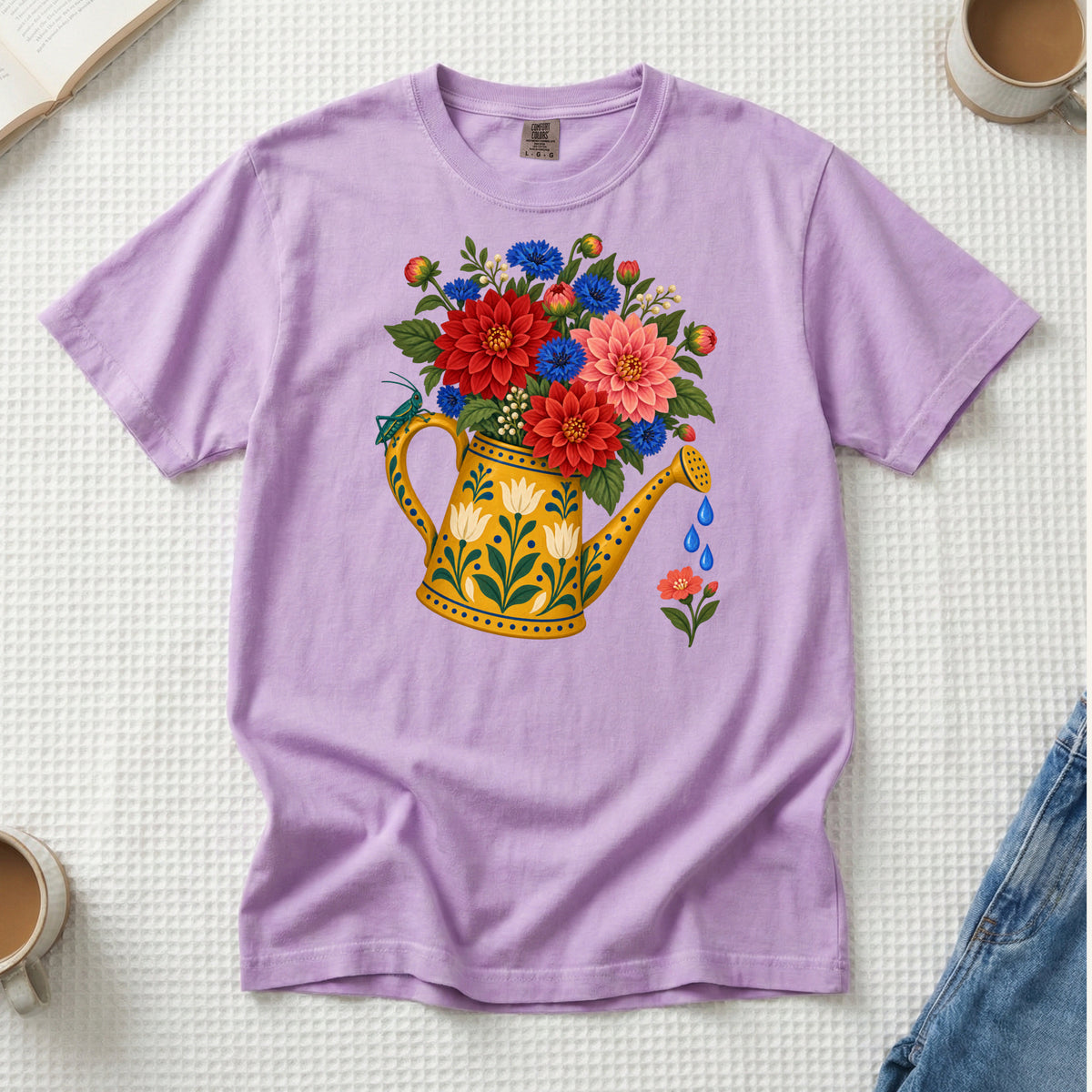 It Started With One Pot T-Shirt in Orchid — a playful pairing with the gold, red and blue palette