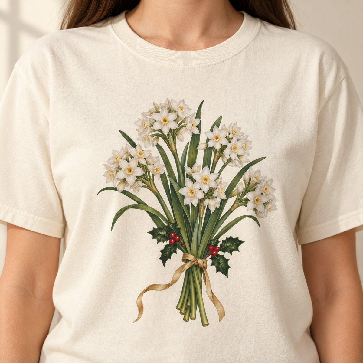 Close-up of the paperwhite narcissus and holly bouquet print on an Ivory garment-dyed Comfort Colors tee – white six-petal flowers, red holly berries and gold ribbon