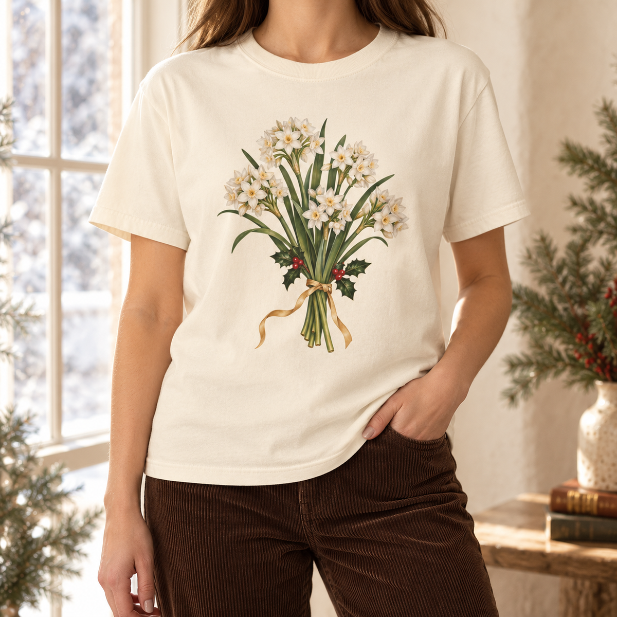 December birth flower t-shirt in Ivory in winter light – paperwhite narcissus and holly bouquet print on a warm off-white Comfort Colors tee