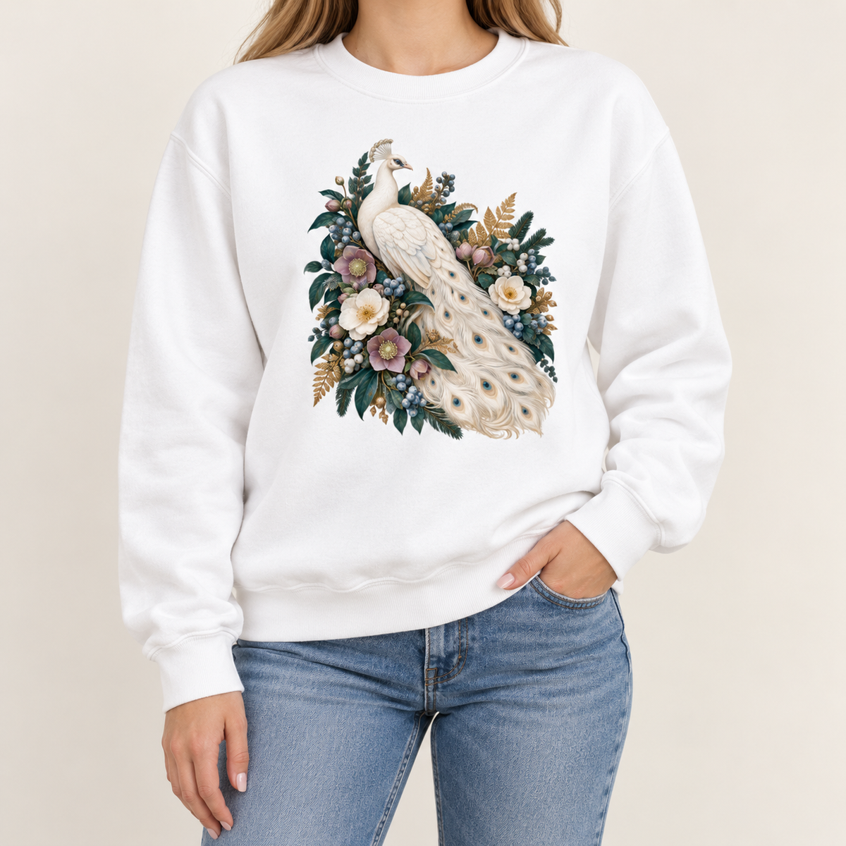 Ivory peacock and floral graphic print on a heavyweight garment-dyed Comfort Colors 1566 crewneck — an ivory peacock with a long curving tail among cream and purple flowers and deep green leaves