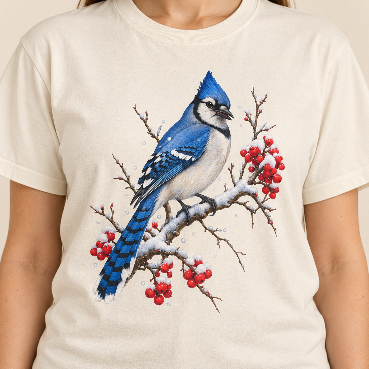 Ivory blue jay t-shirt featuring a winterberry blue jay bird with snow and red berries – Comfort Colors garment-dyed cotton