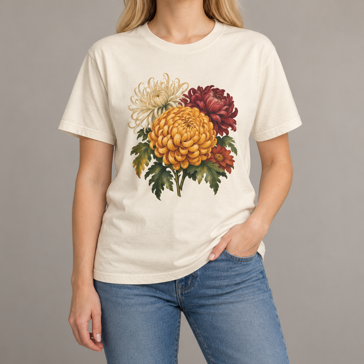 Chrysanthemum T-shirt in Ivory, vintage watercolor chrysanthemum bouquet, November birth flower