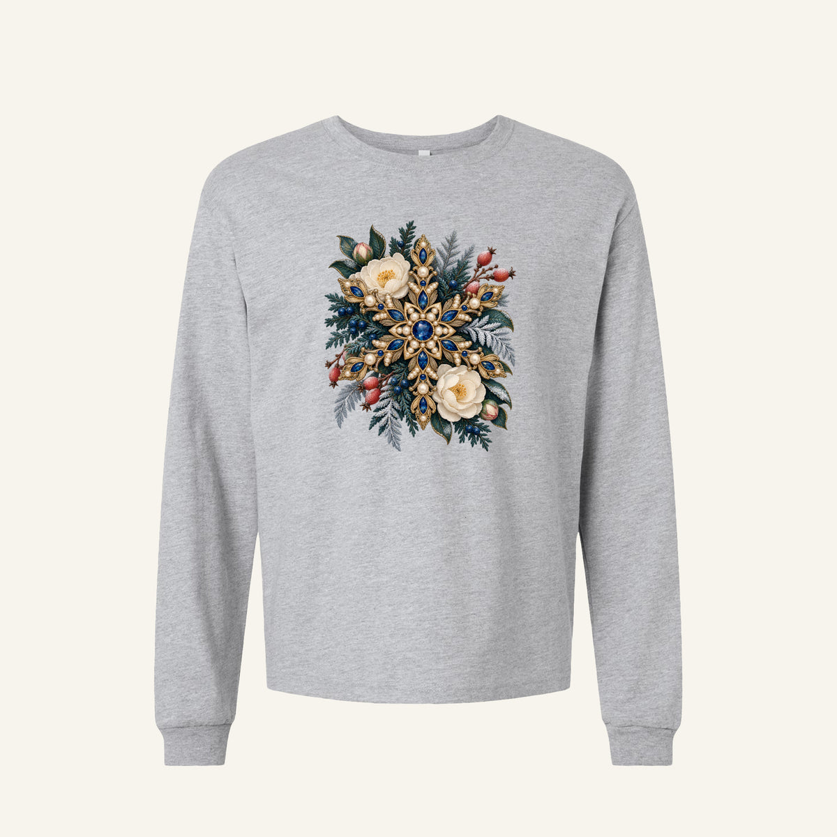 Jeweled Snowflake and Winter Florals Long Sleeve Tee in Athletic Heather — an ornate golden snowflake set with deep blue gemstones and pearl-like details, among cream flowers, pink buds, red berries and frosted evergreen branches