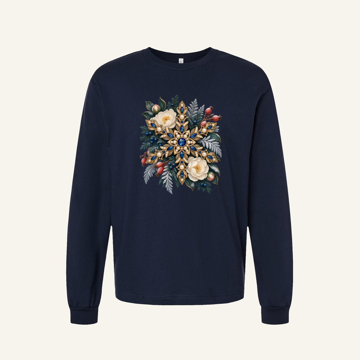 Jeweled Snowflake and Winter Florals Long Sleeve Tee in Navy — an ornate golden snowflake set with deep blue gemstones and pearl-like details, among cream flowers, pink buds, red berries and frosted evergreen branches