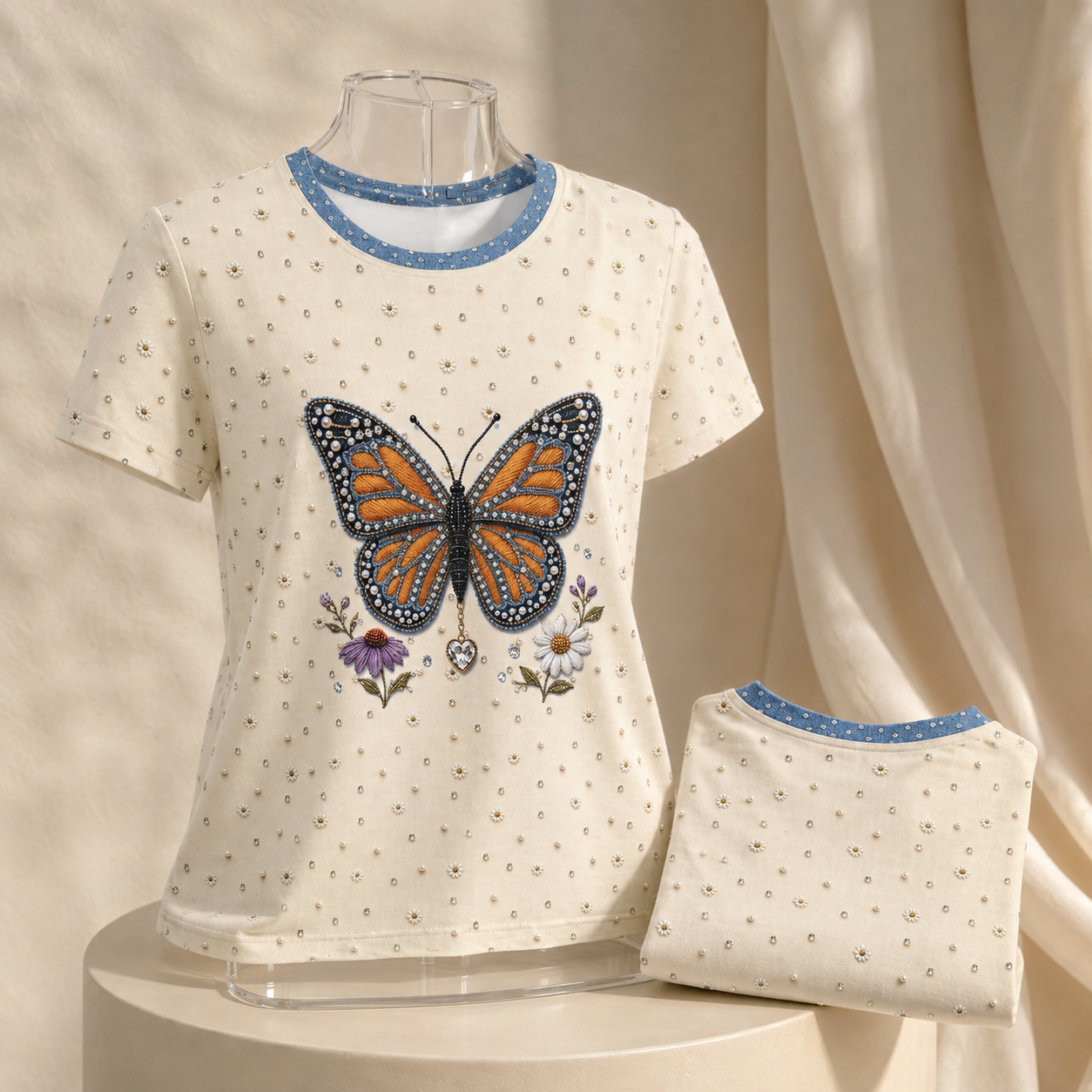 Jeweled Monarch women's all-over-print shirt, painted pearl and crystal butterfly design
