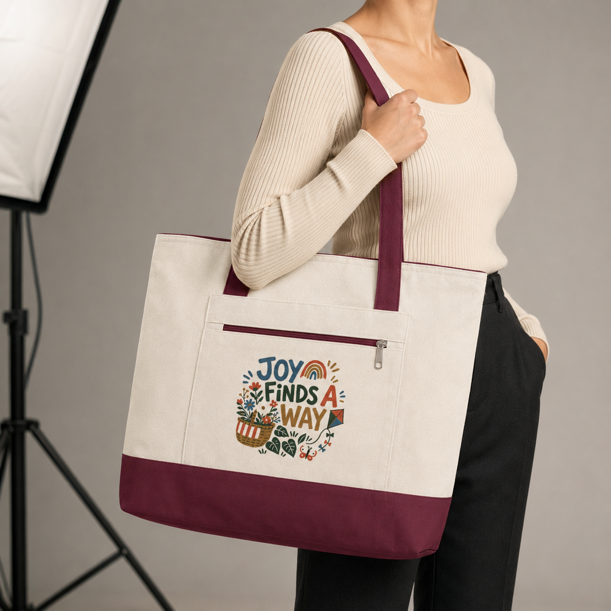 Joy Finds a Way Canvas Tote Bag — Zippered