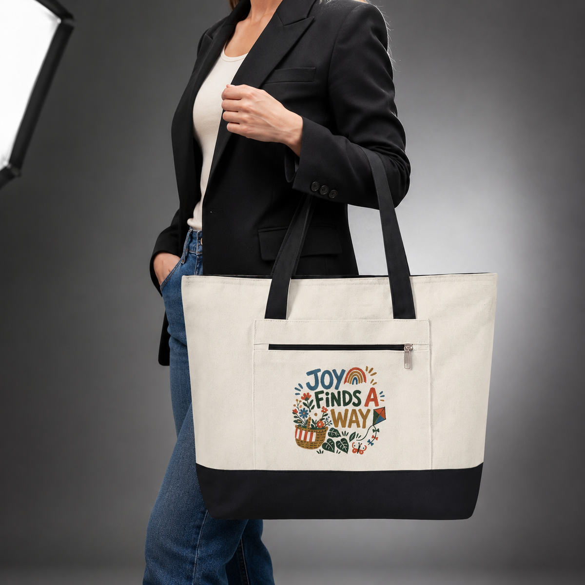 Joy Finds a Way Canvas Tote Bag — Zippered