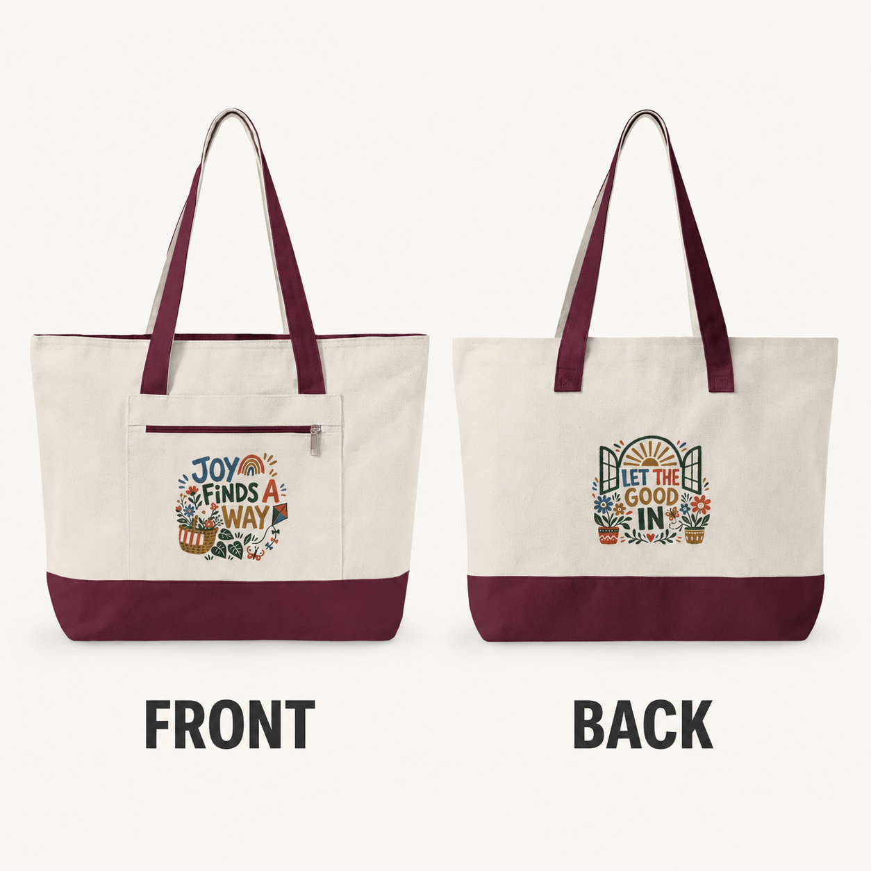 Joy Finds a Way zippered canvas tote in natural canvas with contrast trim