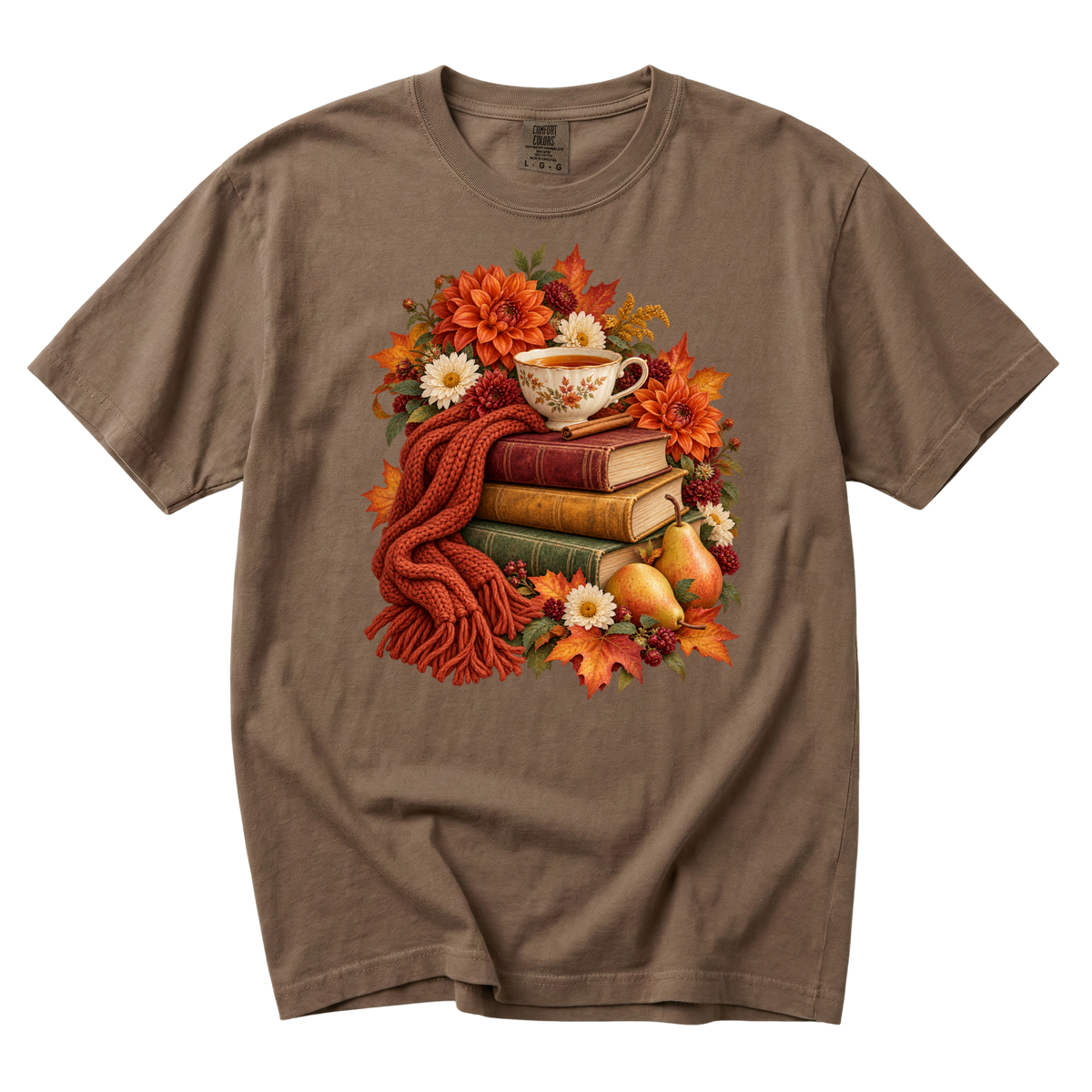 Just One More Chapter tee in Espresso, a floral teacup on stacked books with a rust scarf