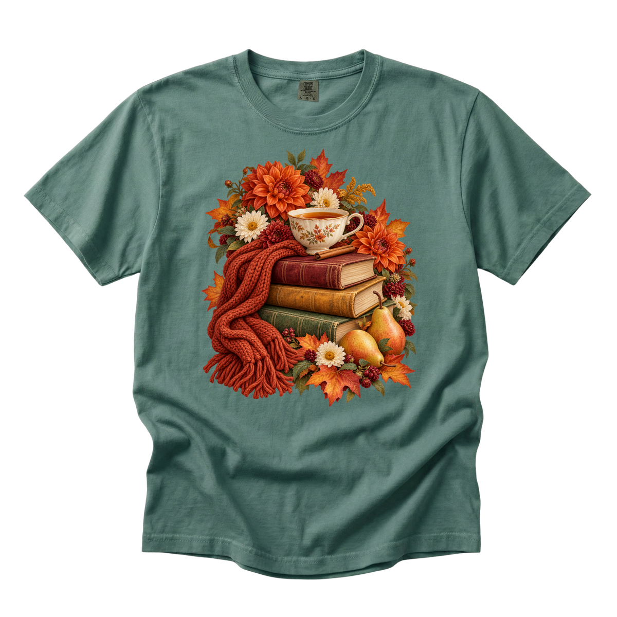 Just One More Chapter tee in Light Green, an autumn book lover print with pears and flowers
