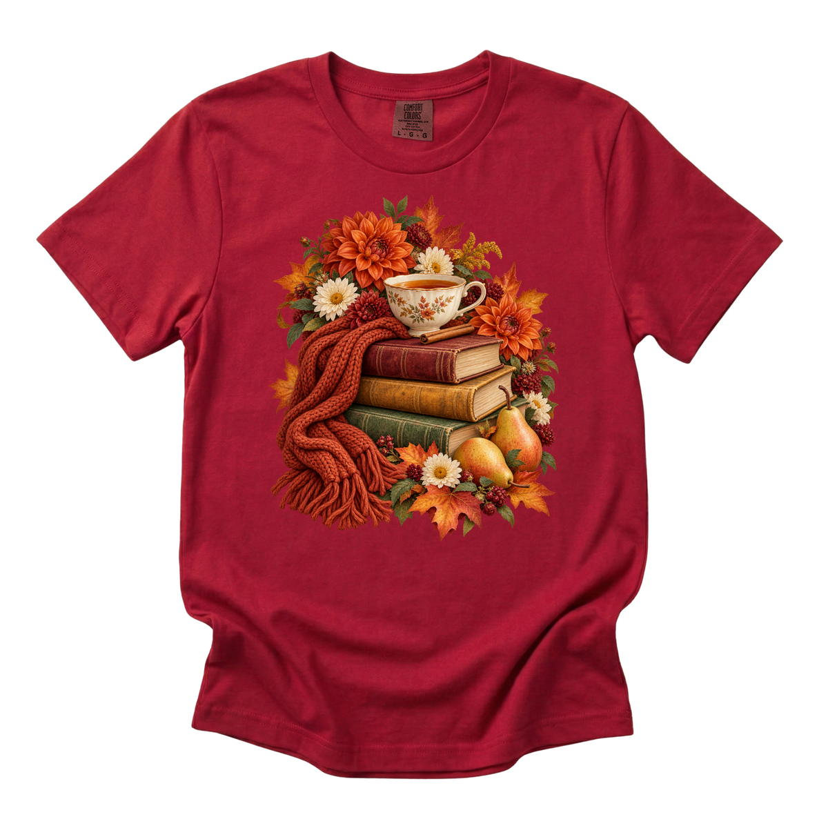 Just One More Chapter tee in Red, stacked books, tea and autumn florals