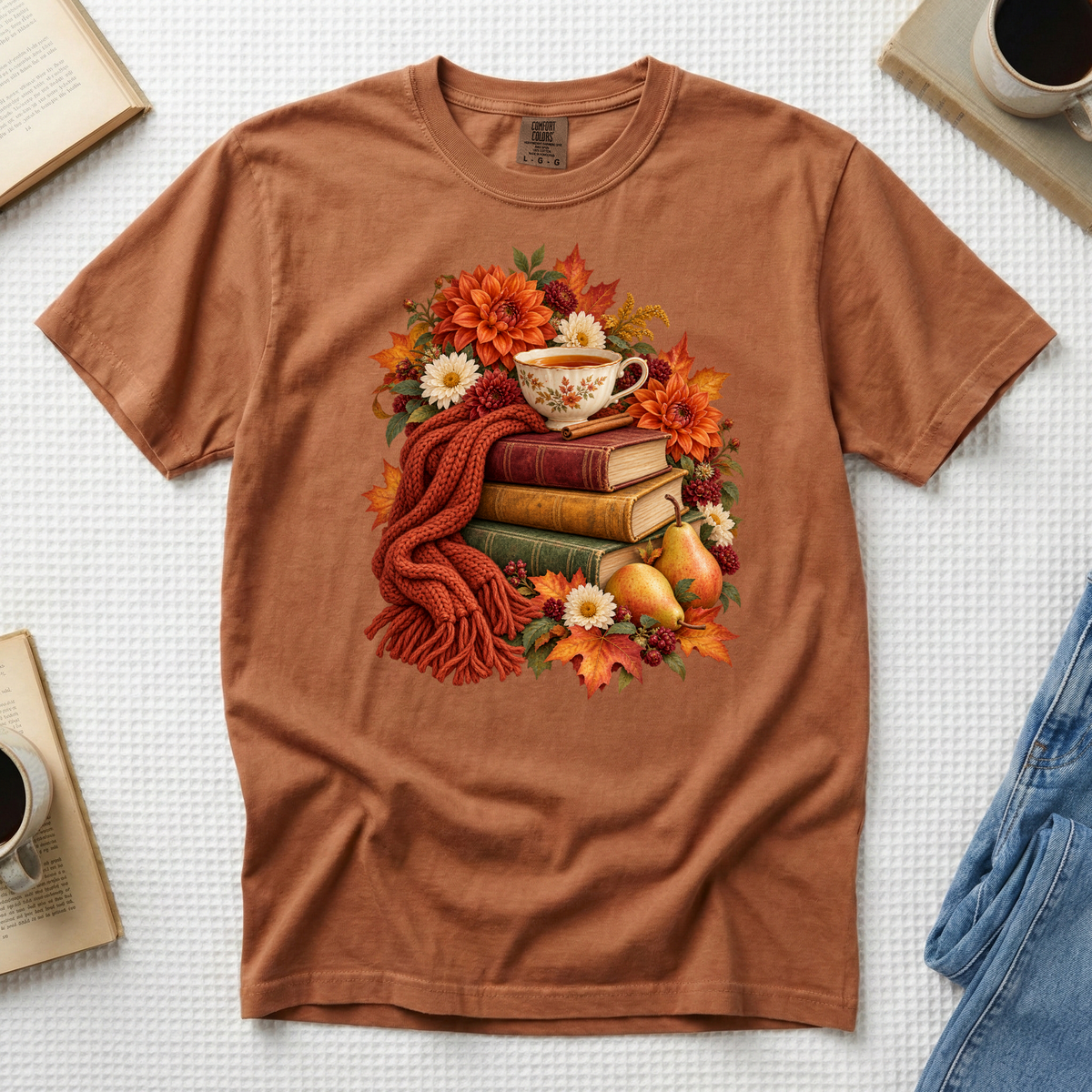 Just One More Chapter tee in Yam, a vintage books and tea autumn reading print