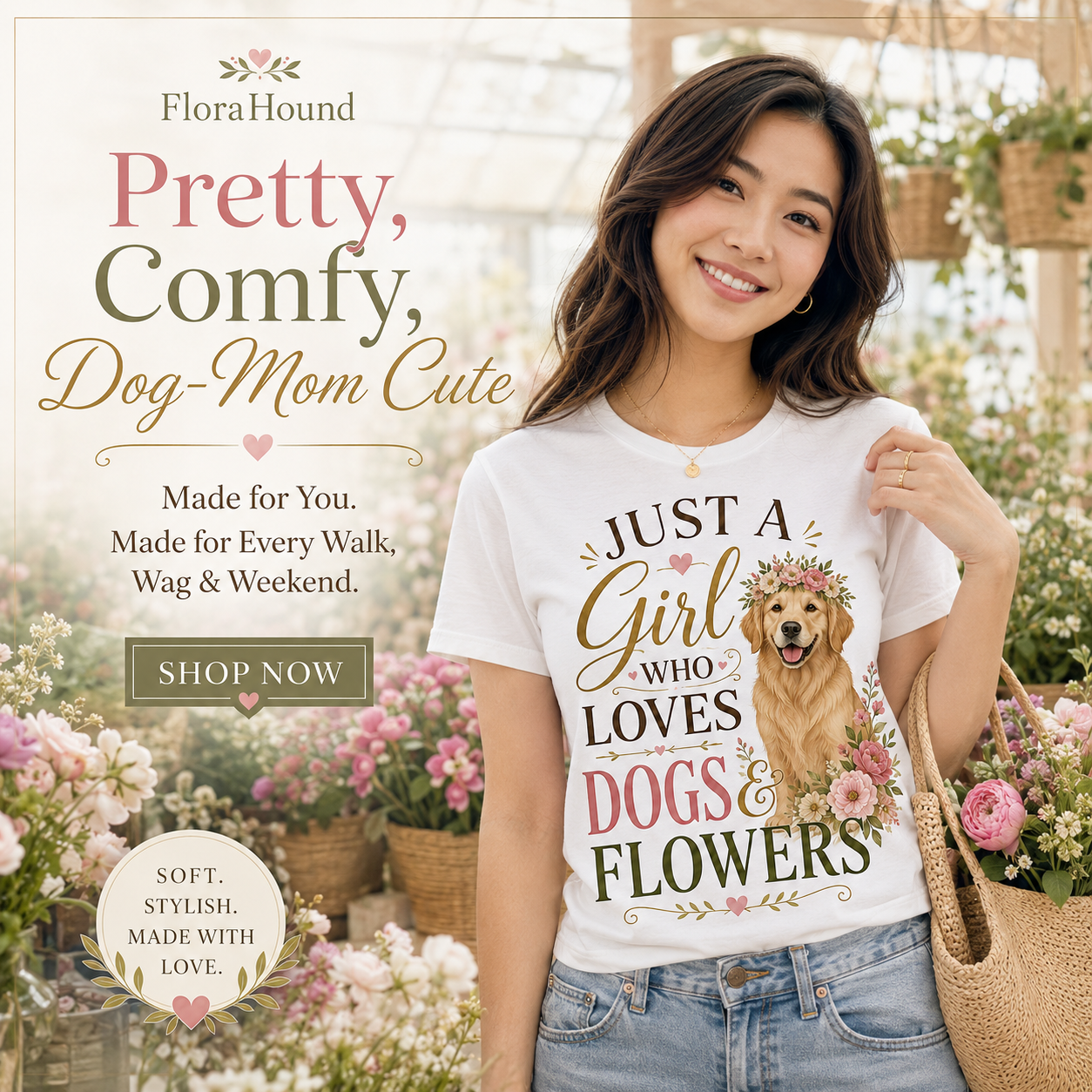 Just a Girl Who Loves Dogs and Flowers shirt on model