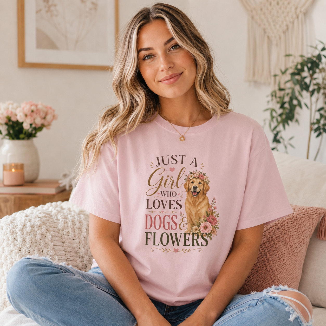 Just a Girl Dogs and Flowers tee branded slide