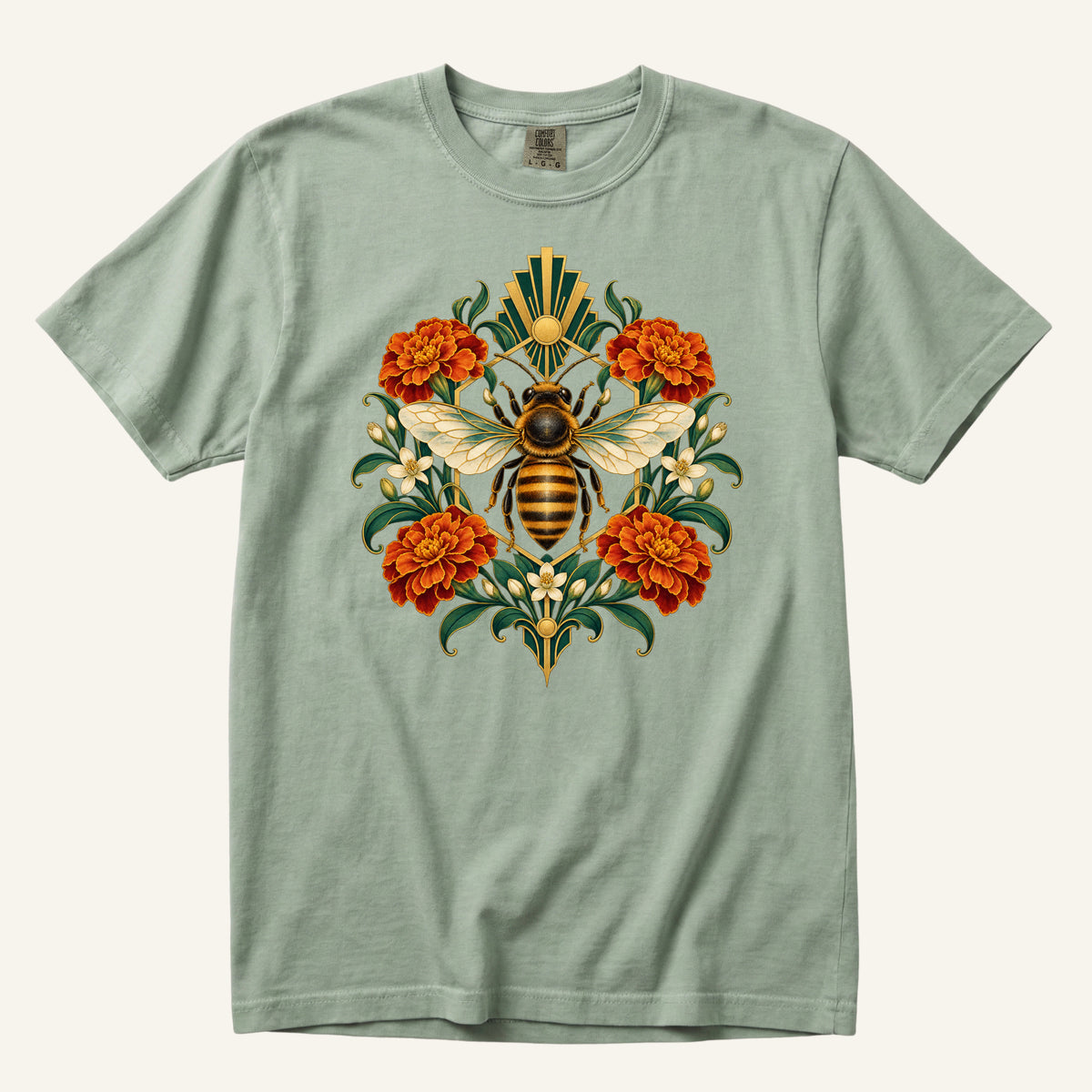 Keeper of the Golden Garden T-Shirt in Bay — a honeybee framed by orange marigolds and golden Art Deco detail