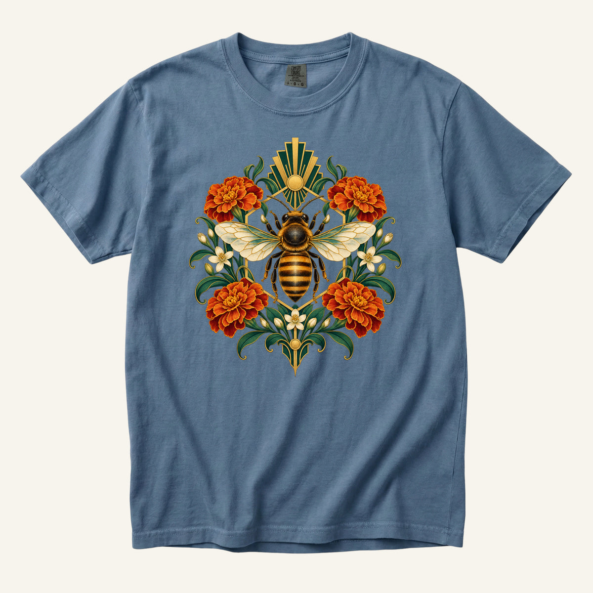 Keeper of the Golden Garden T-Shirt in Blue Jean — a cooler backdrop that lifts the warm honeybee artwork