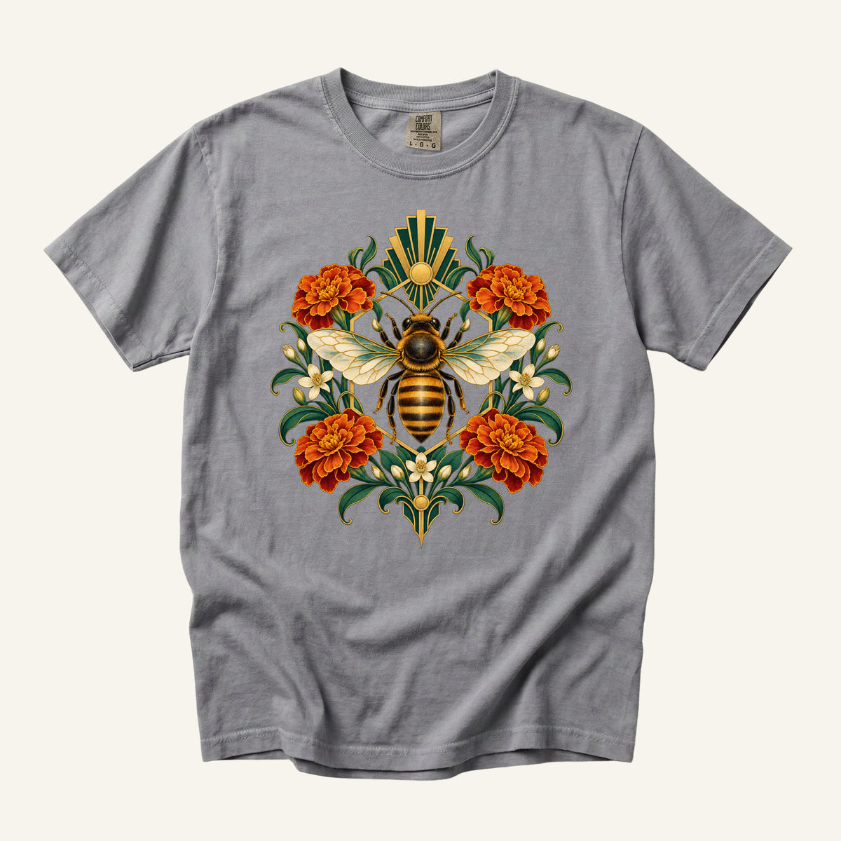 Keeper of the Golden Garden T-Shirt in Grey — a bee lover and gardener gift on garment-dyed cotton, sizes S to 3XL