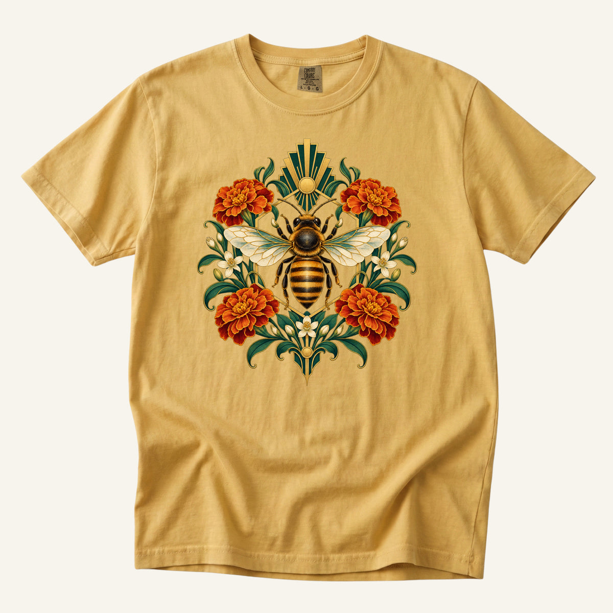 Keeper of the Golden Garden T-Shirt in Mustard — golden details and orange marigolds on a warm ground