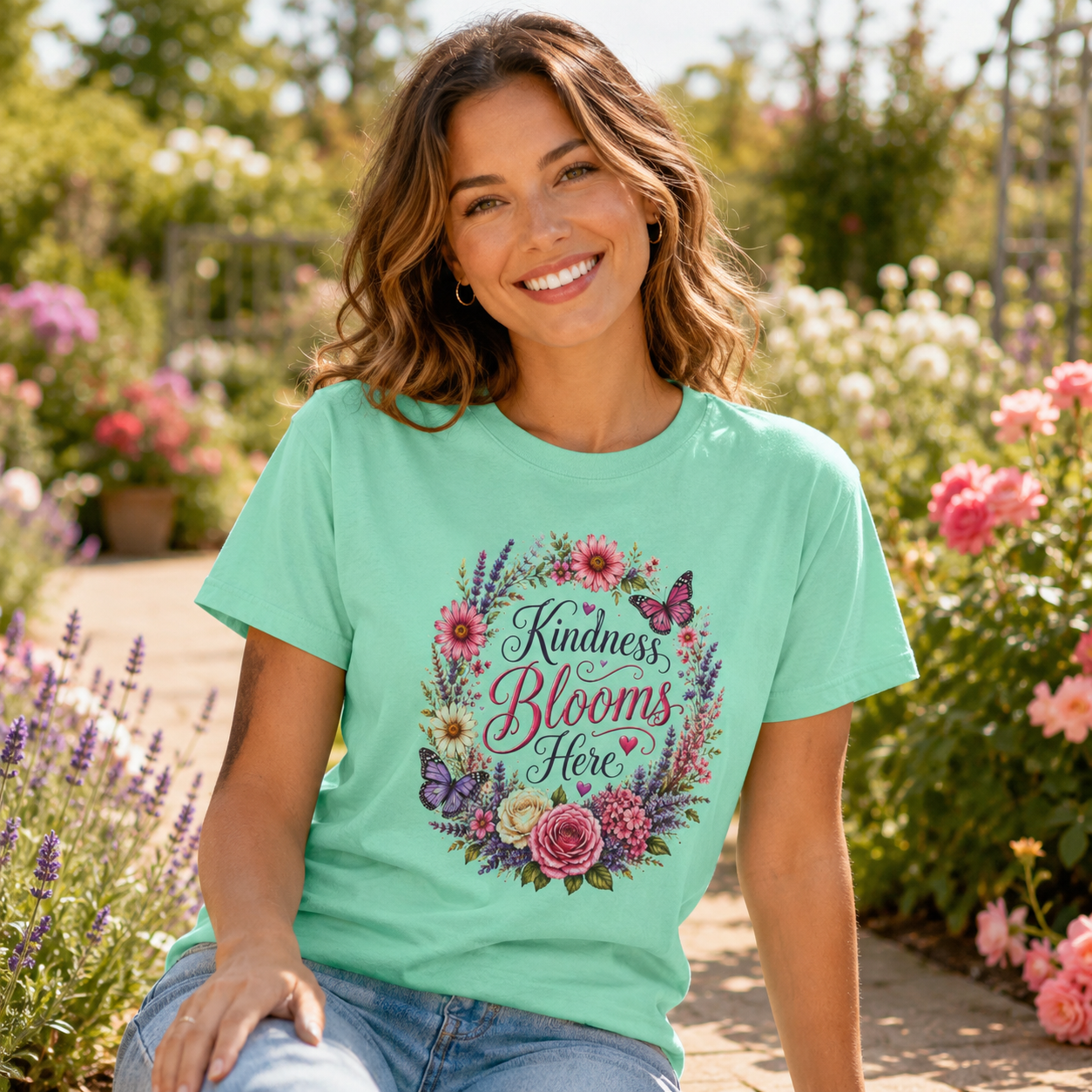 Kindness Blooms Here kindness shirt on model