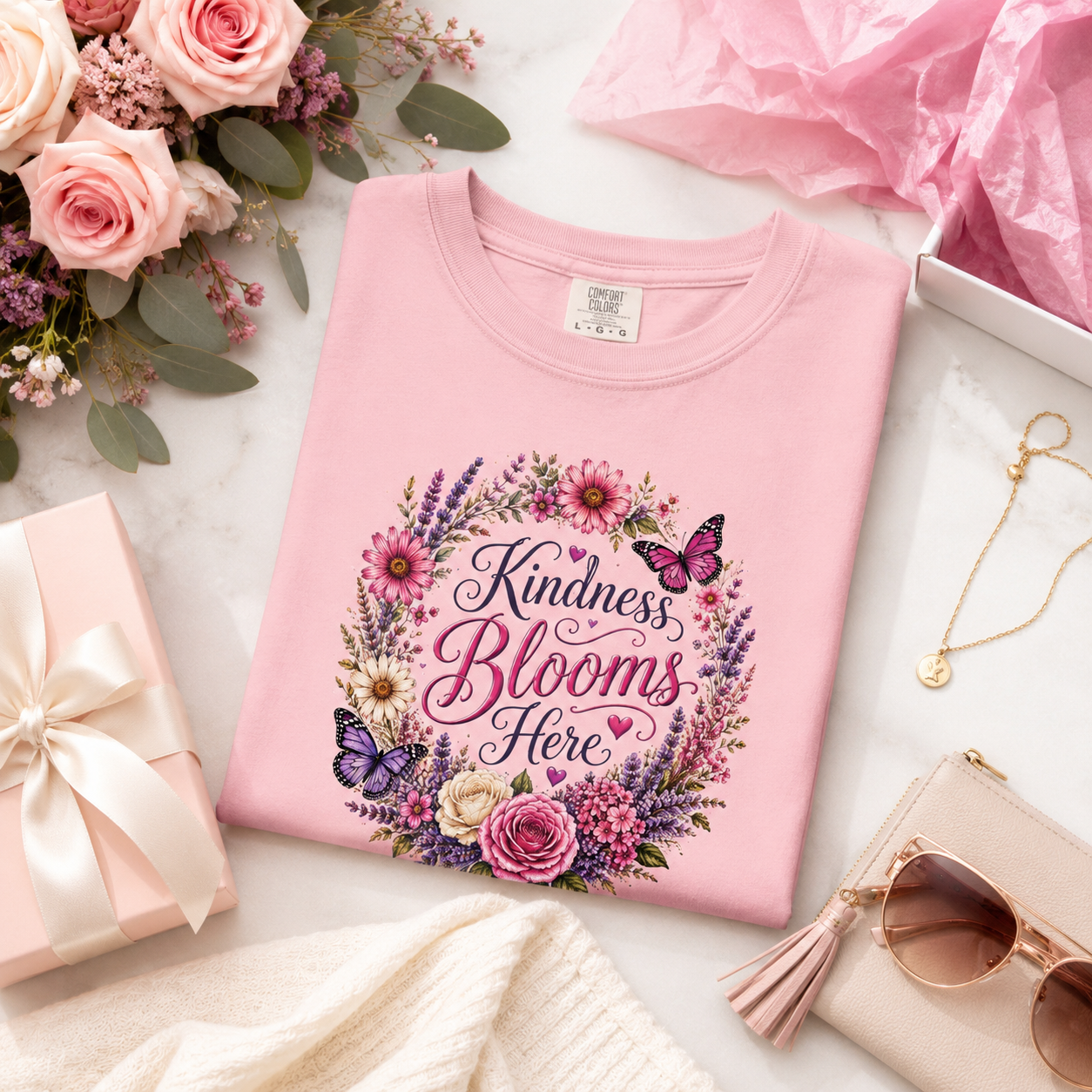 Kindness Blooms Here - Floral Wreath Tee