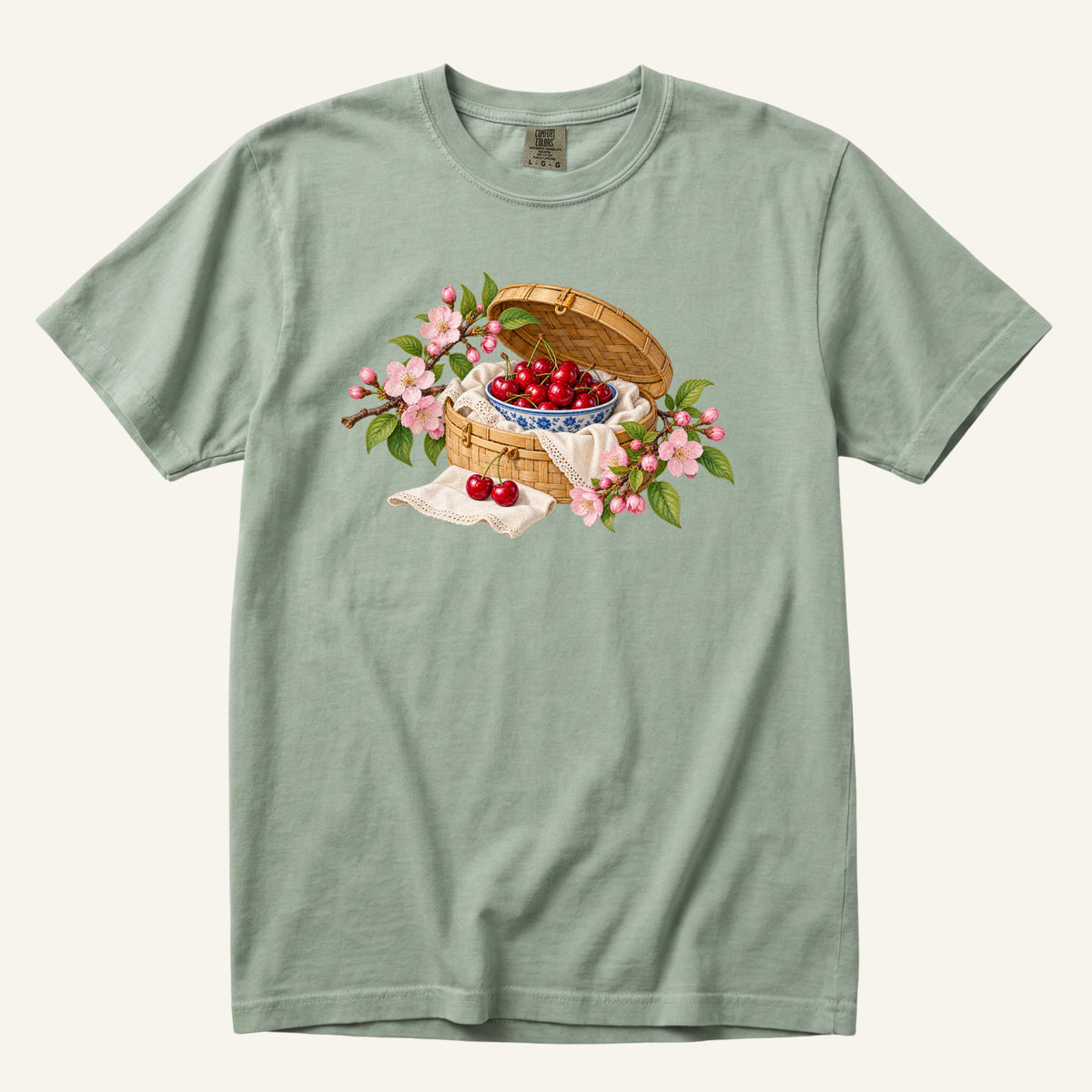 Leave the Afternoon Open tee in Bay, a vintage cherry picnic basket print on soft green