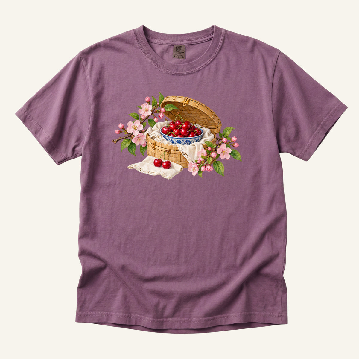 Leave the Afternoon Open tee in Berry, a vintage cherry and blossom print on deep pink