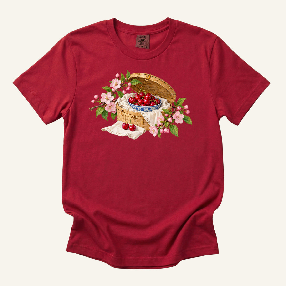 Leave the Afternoon Open tee in Red, a picnic basket of cherries framed by cream lace cloth