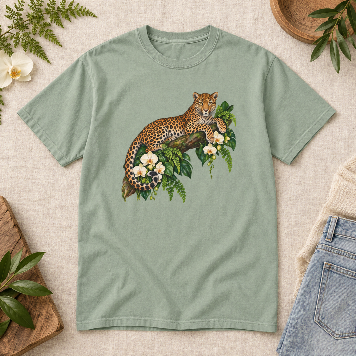Leopard & Orchid Branch T-Shirt — Garment-Dyed Cotton