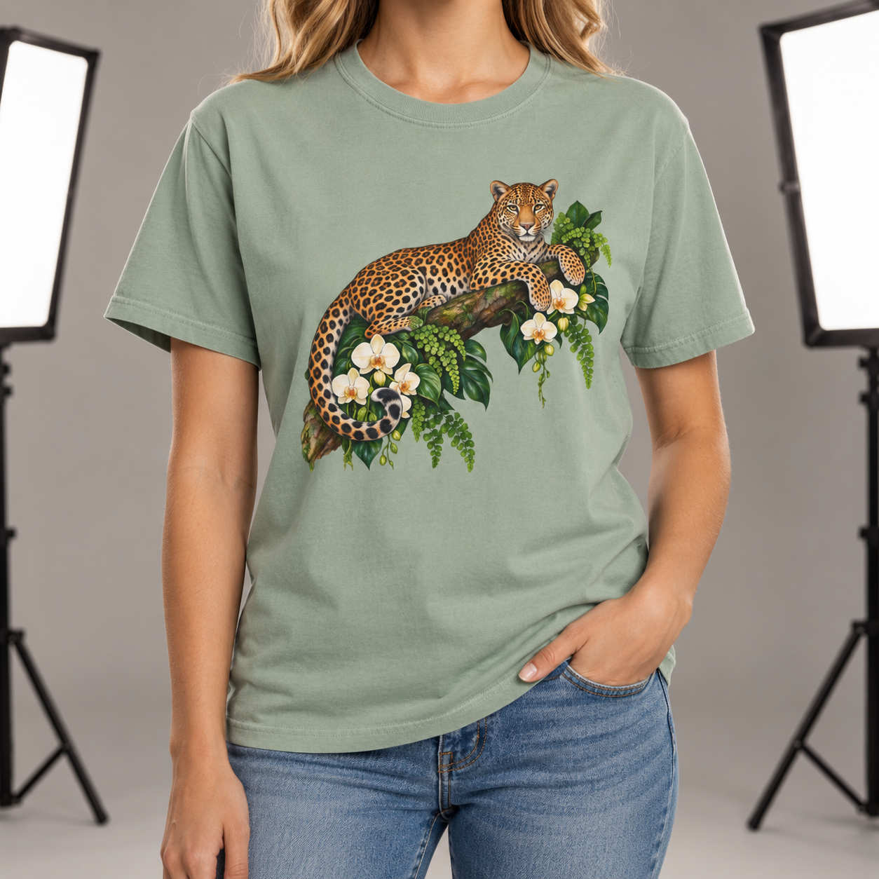 Leopard & Orchid Branch T-Shirt — Garment-Dyed Cotton