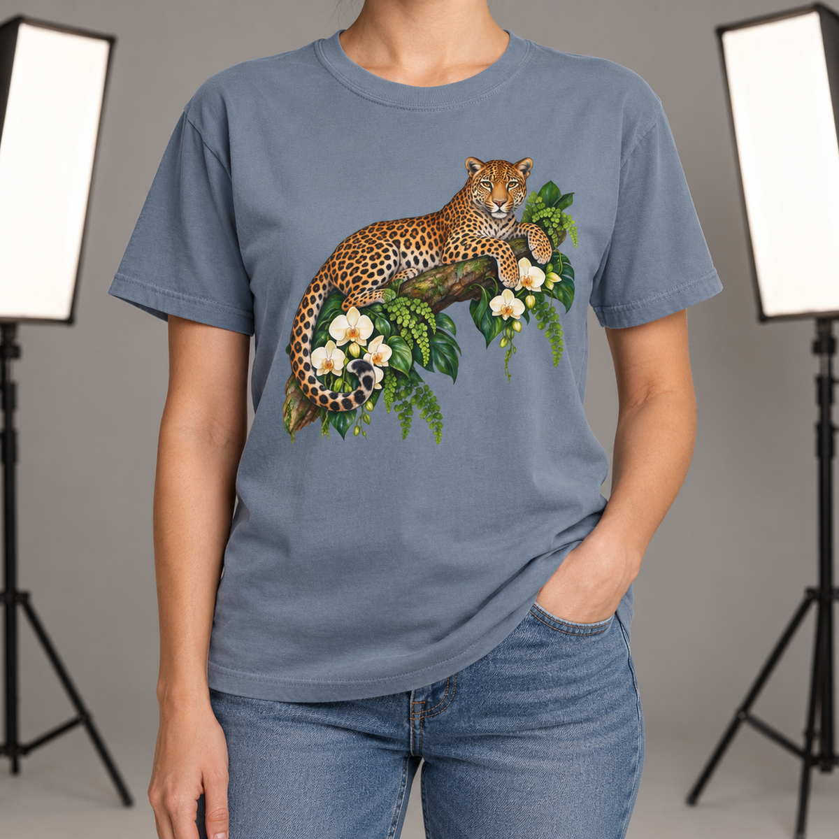 Leopard & Orchid Branch T-Shirt — Garment-Dyed Cotton