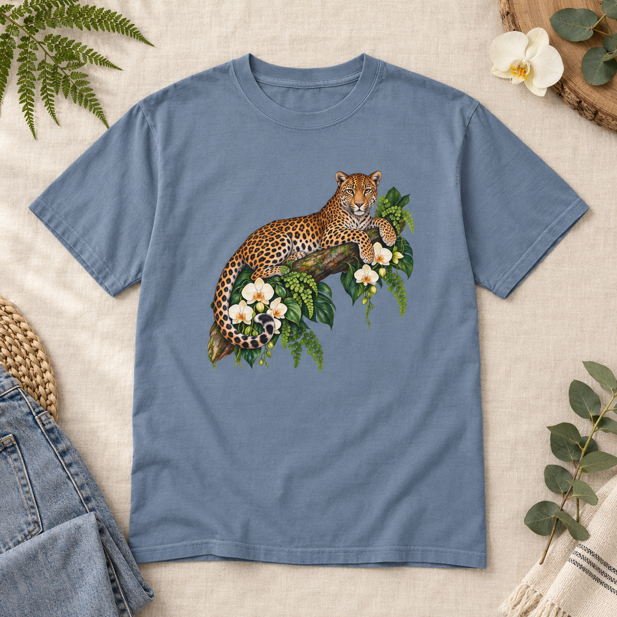 Leopard & Orchid Branch T-Shirt — Garment-Dyed Cotton
