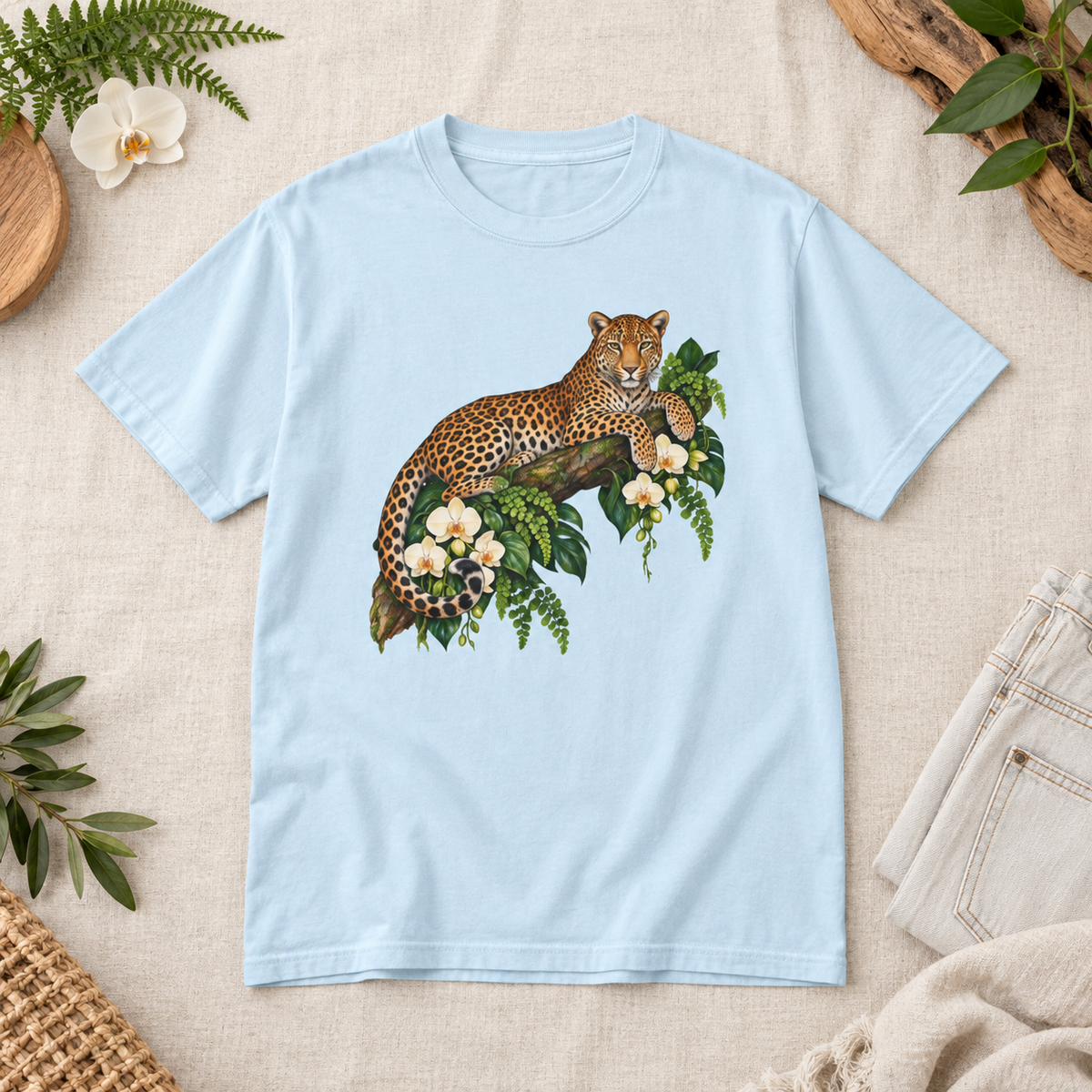 Leopard & Orchid Branch T-Shirt — Garment-Dyed Cotton