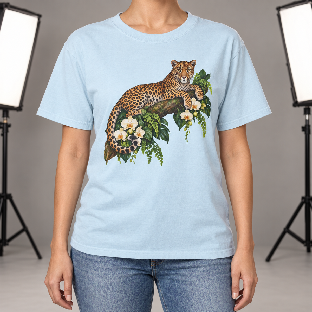 Leopard & Orchid Branch T-Shirt — Garment-Dyed Cotton