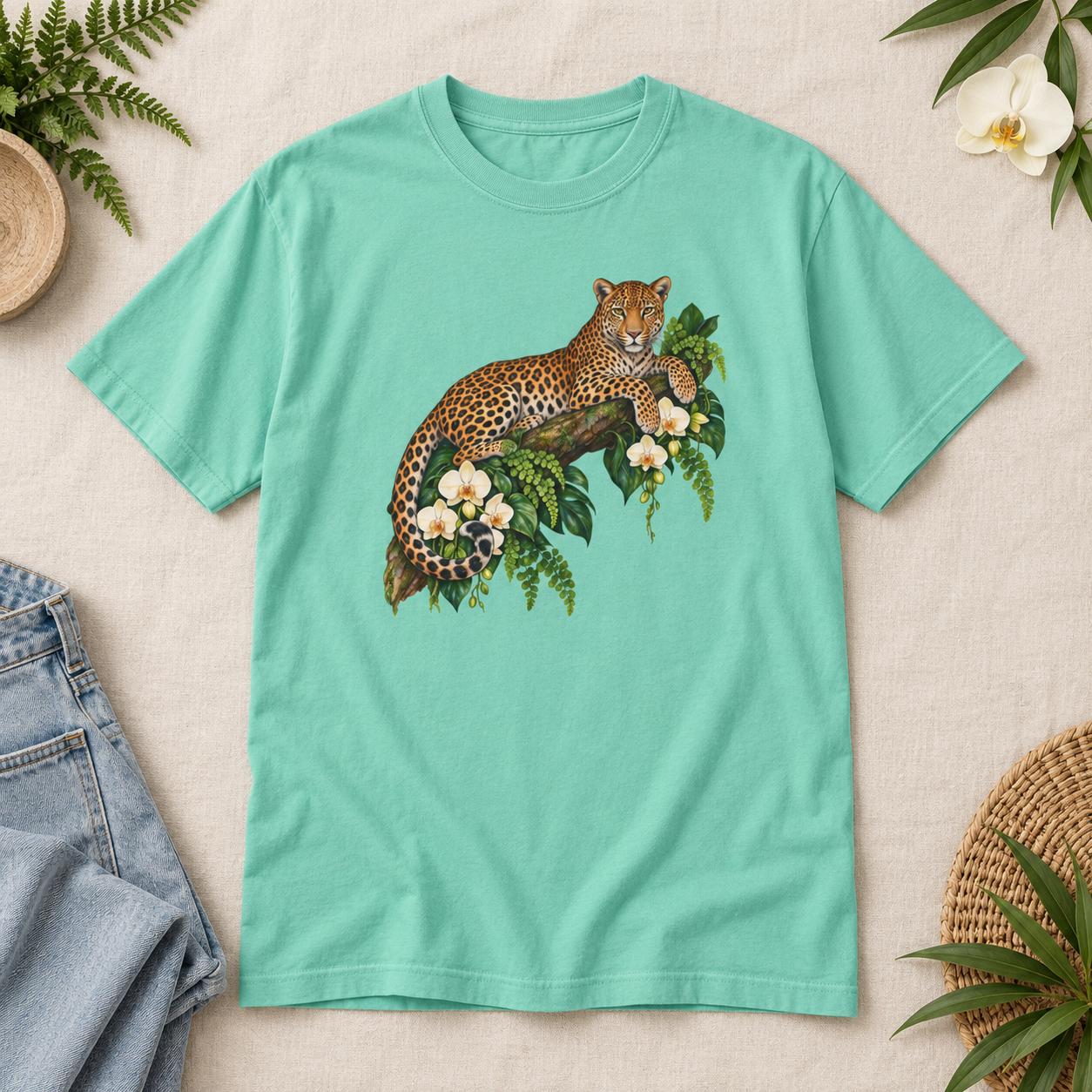 Leopard & Orchid Branch T-Shirt — Garment-Dyed Cotton