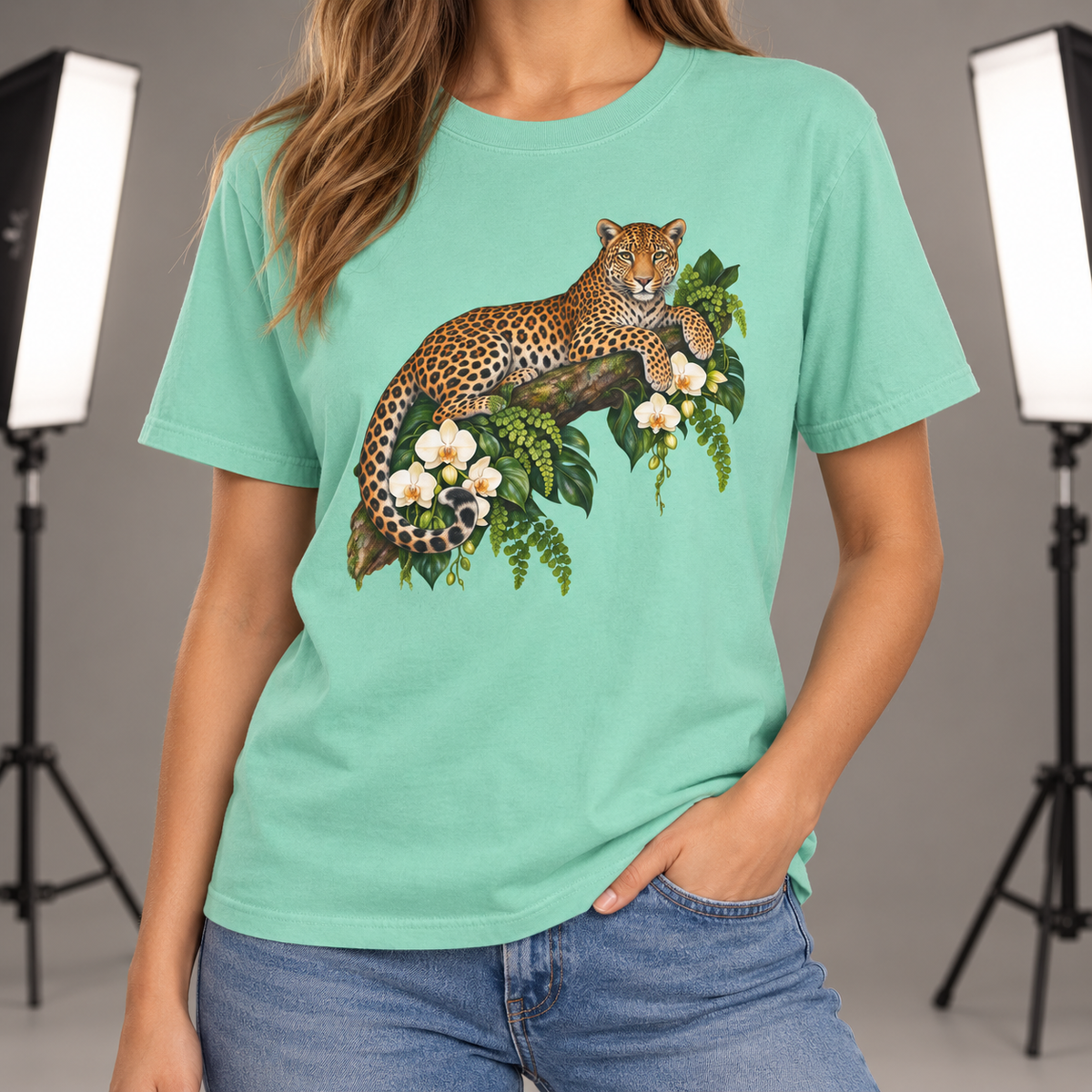 Leopard & Orchid Branch T-Shirt — Garment-Dyed Cotton