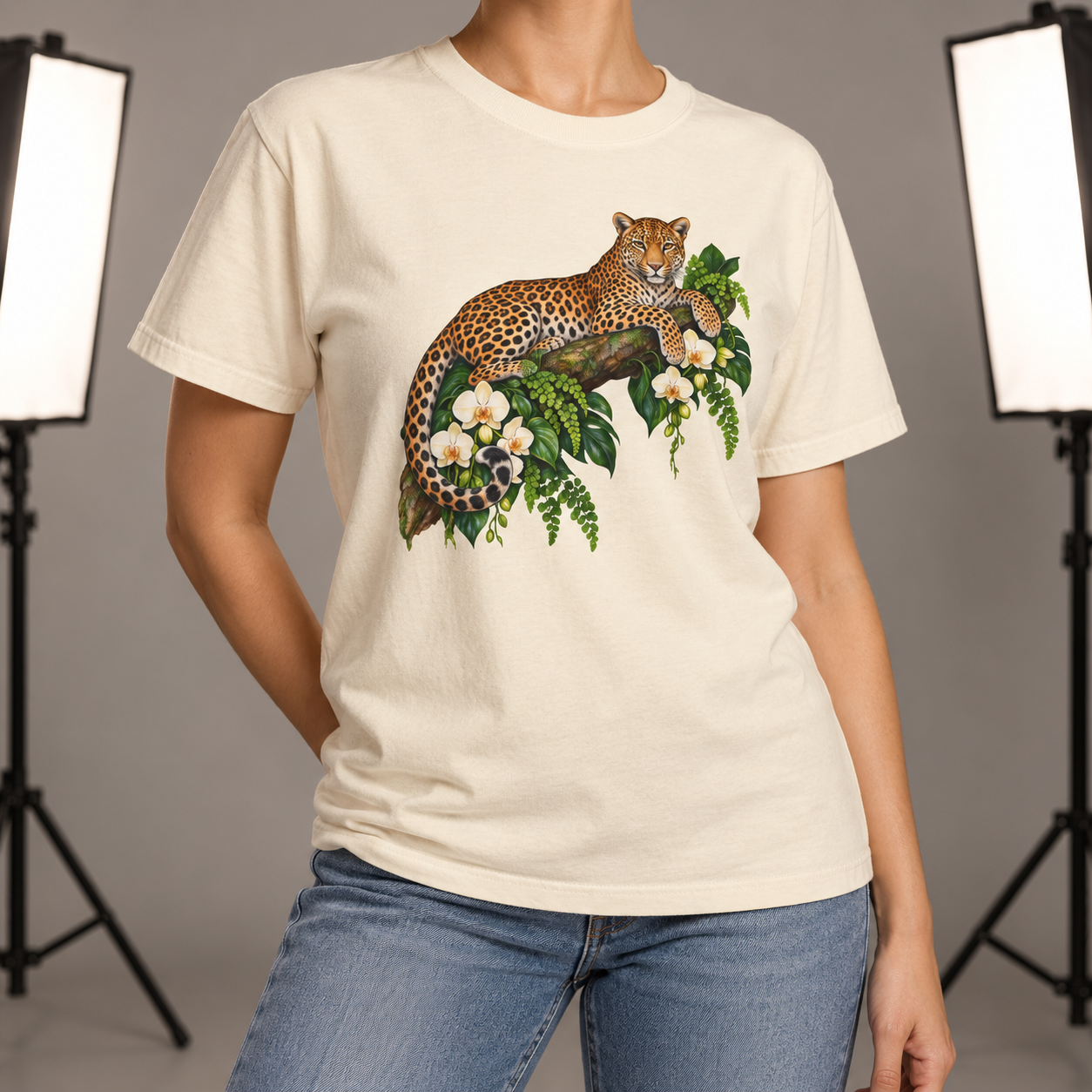 Leopard & Orchid Branch T-Shirt — Garment-Dyed Cotton
