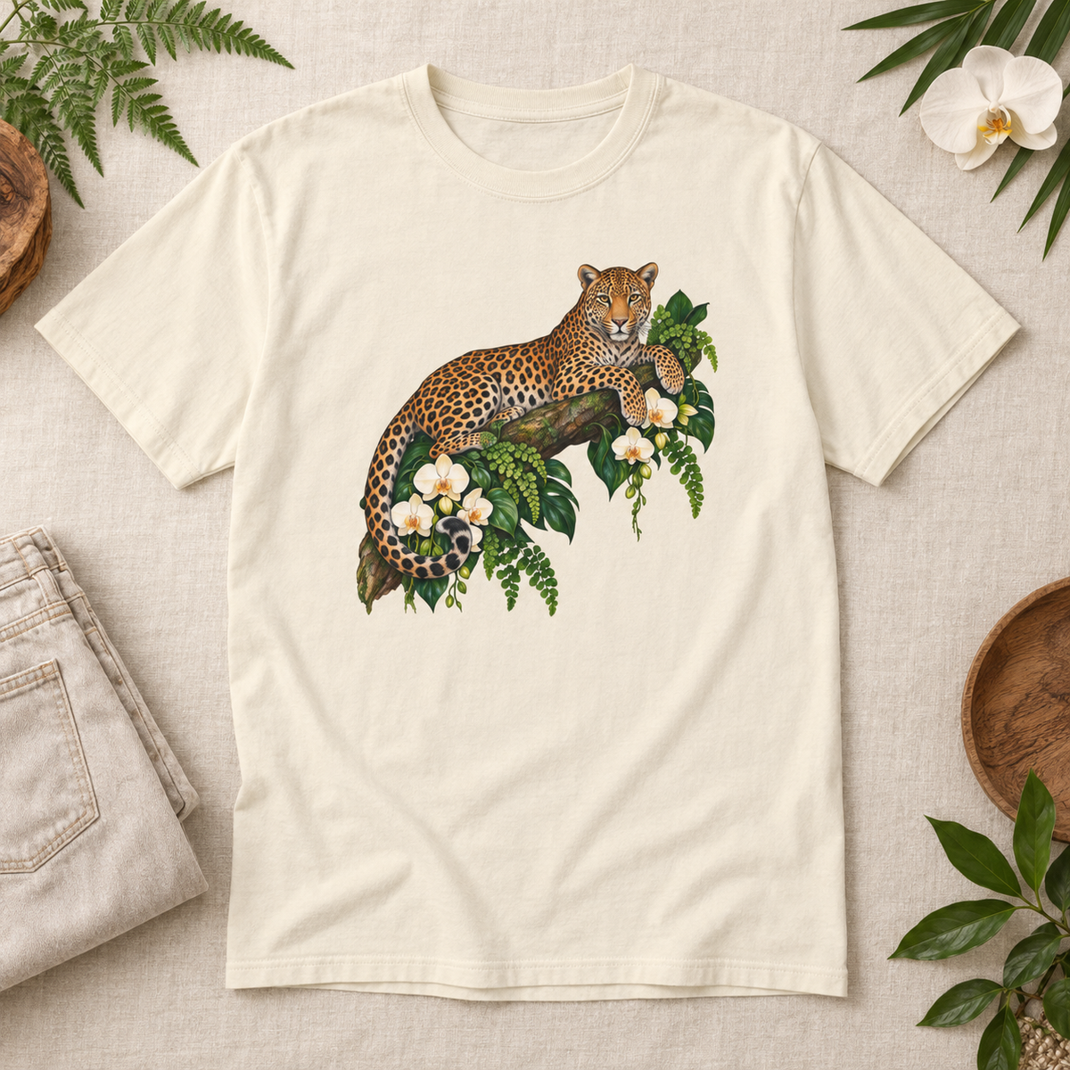 Leopard & Orchid Branch T-Shirt — Garment-Dyed Cotton