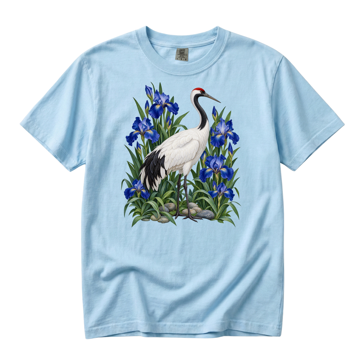 Let the Water Settle tee in Chambray, a white crane among deep blue irises