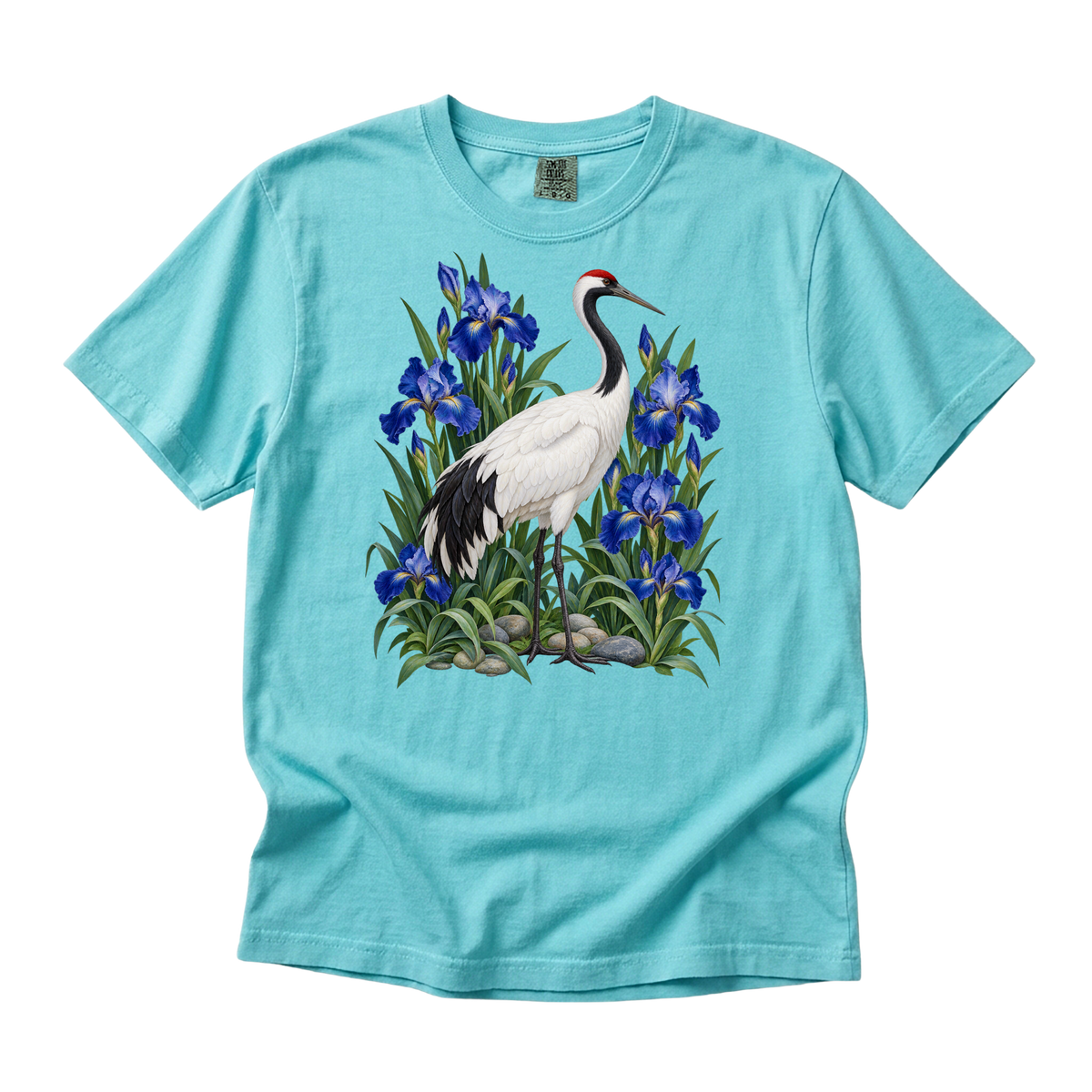 Let the Water Settle tee in Lagoon Blue, a white crane among iris flowers