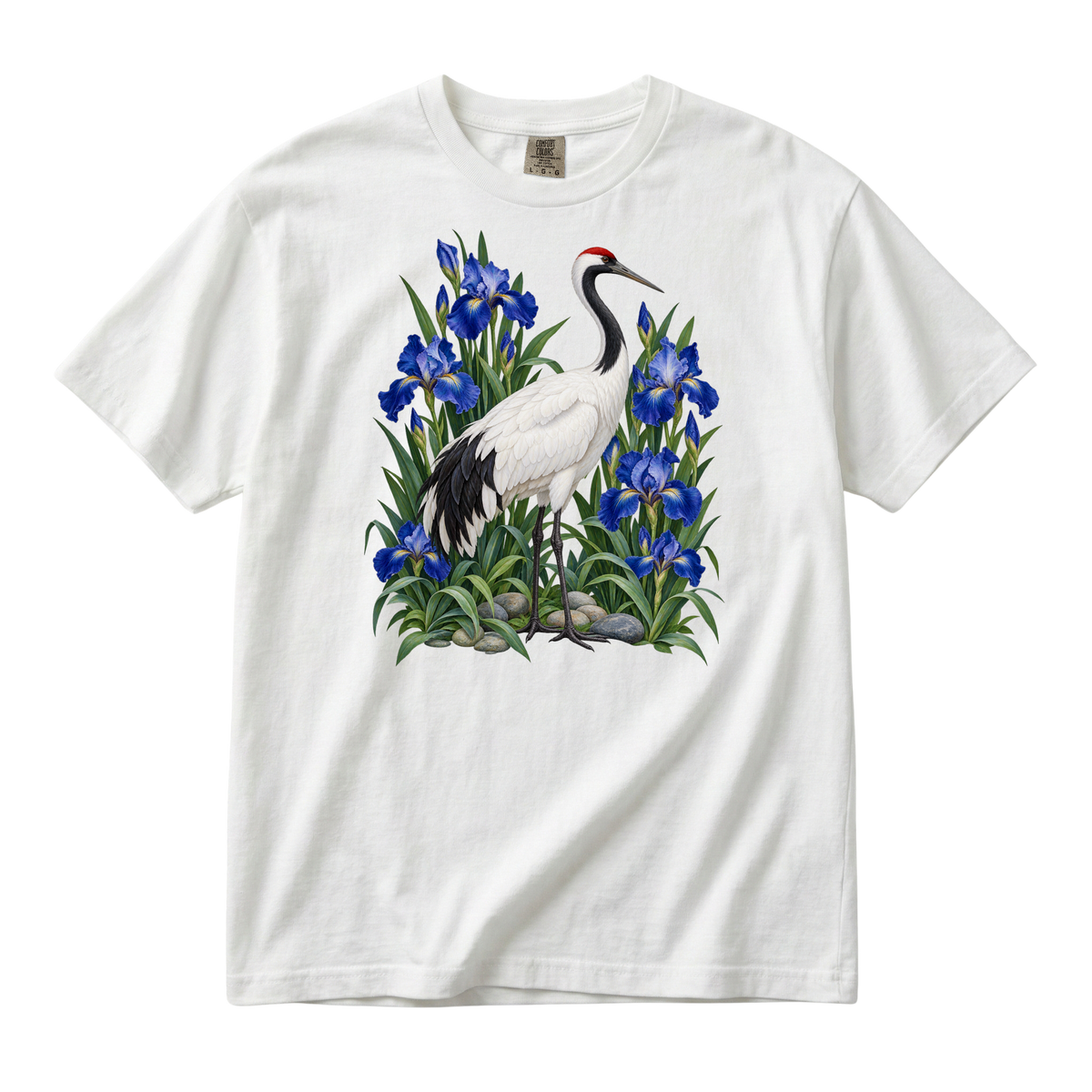 Let the Water Settle tee in White, a botanical crane and blue iris print