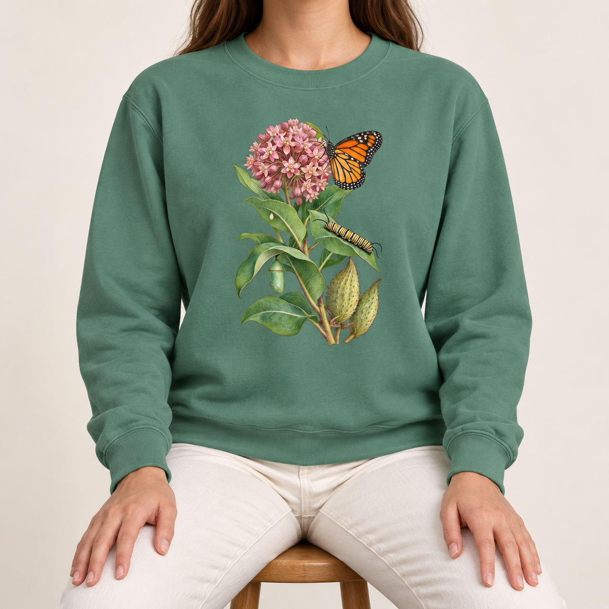 Milkweed and monarch life cycle sweatshirt in Light Green, botanical butterfly print on a sage Comfort Colors crewneck