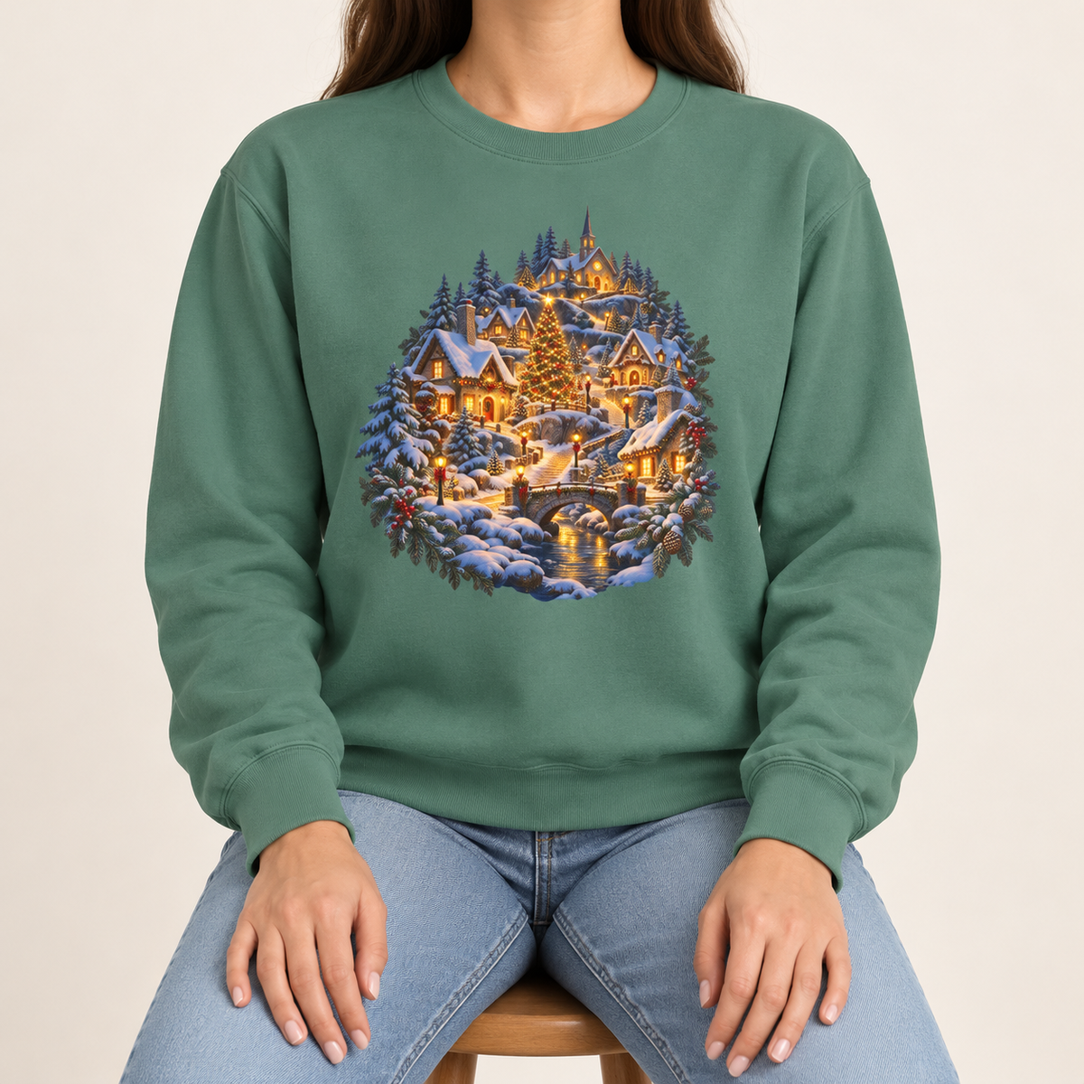 Small town Christmas sweatshirt in Light Green: a snowy hillside village with a lit church, Christmas tree and stone bridge, on a soft sage garment-dyed Comfort Colors crewneck