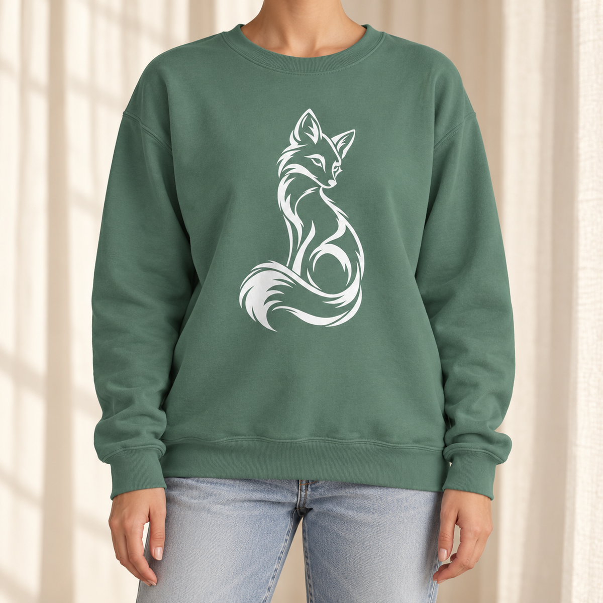 Elegant Seated Fox Linework Sweatshirt in Light Green - white line-art fox on a soft sage garment-dyed Comfort Colors crewneck